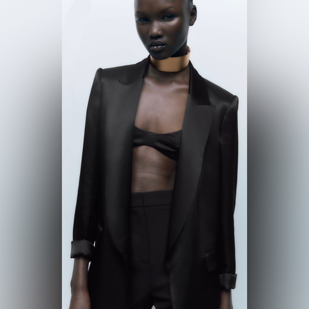 Zara Turned-Up Cuff Satin Effect Blazer Black Size S - Picture 4 of 12